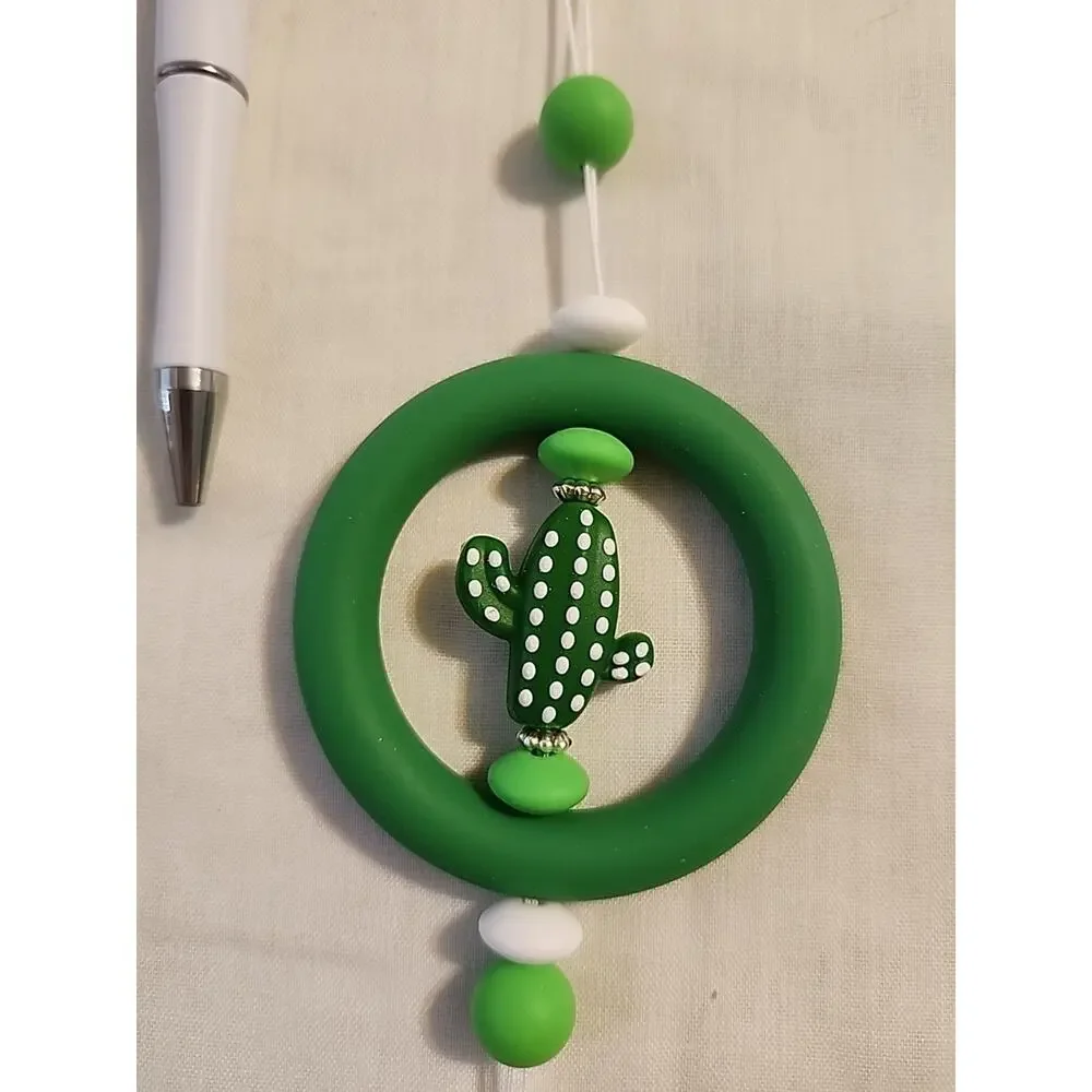 Car Charm For Rear View & Bed Pen Combo Dark Green Cactus White Tassel